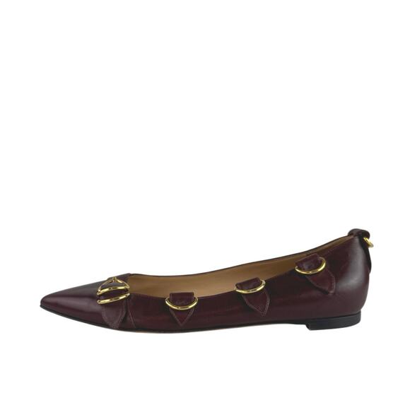 Gianvito Rossi Burgundy Leather Pointed Toe Buckle Strap Slip On Ballet Flats 9 - Picture 1 of 7